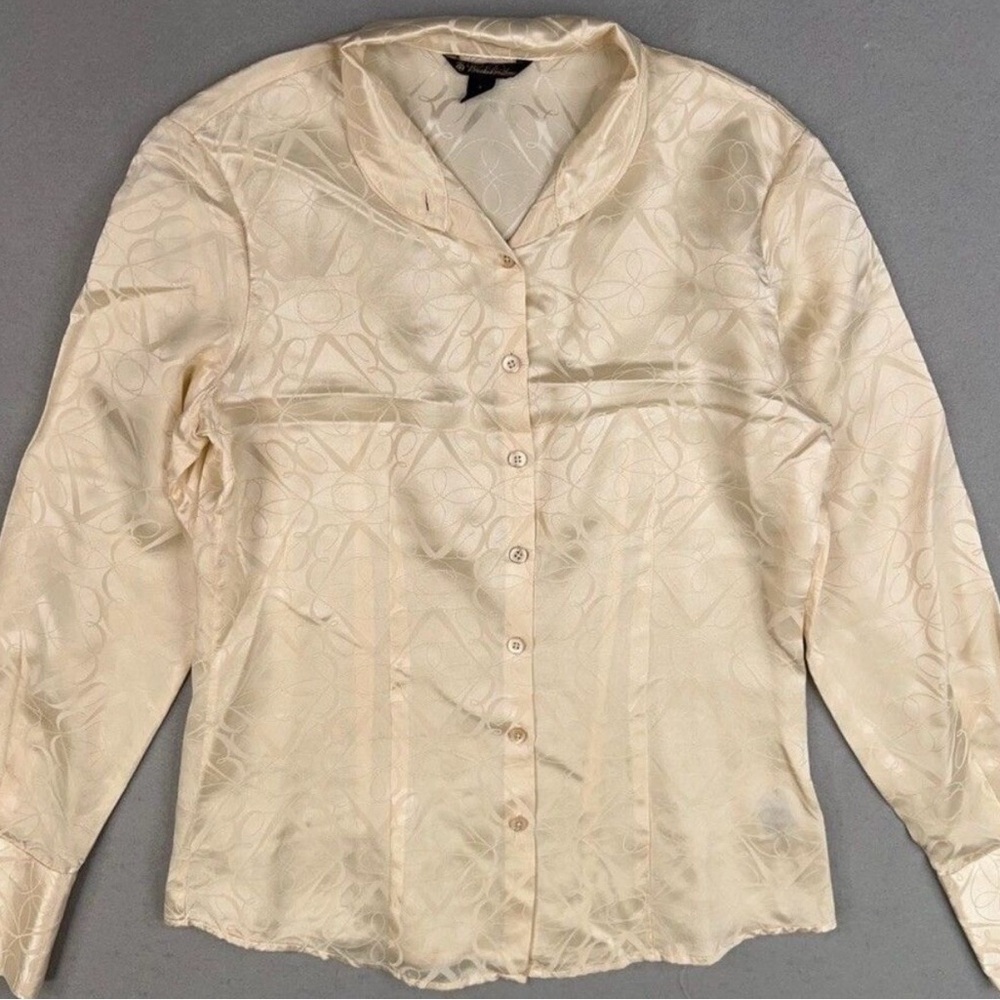 Brooks Brothers Shirt Womens 2 Cream Champagne Silk Monogram Jacquard Luxury